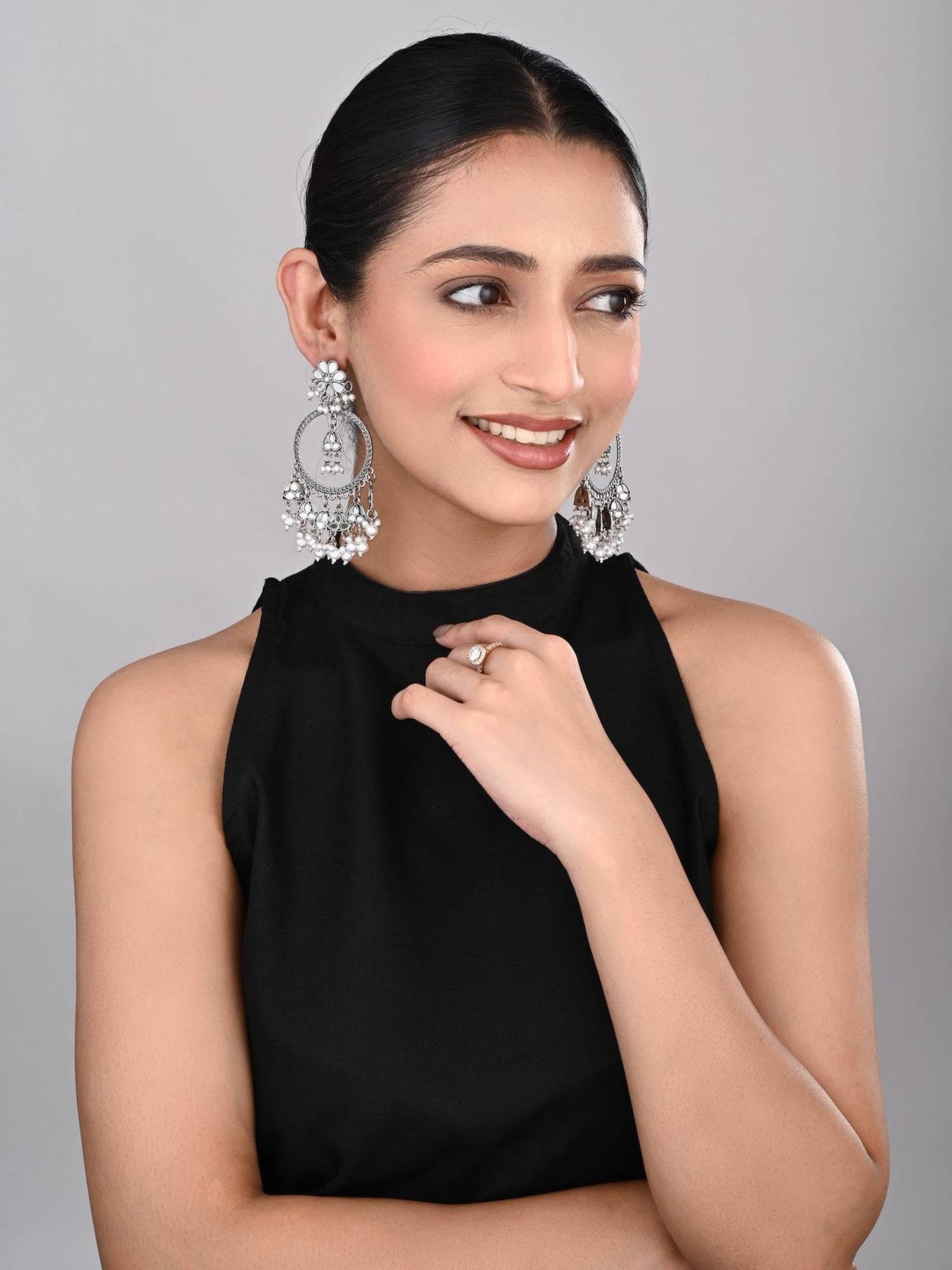 Anvik White Oxidised Silver Floral Chandbali Earrings
