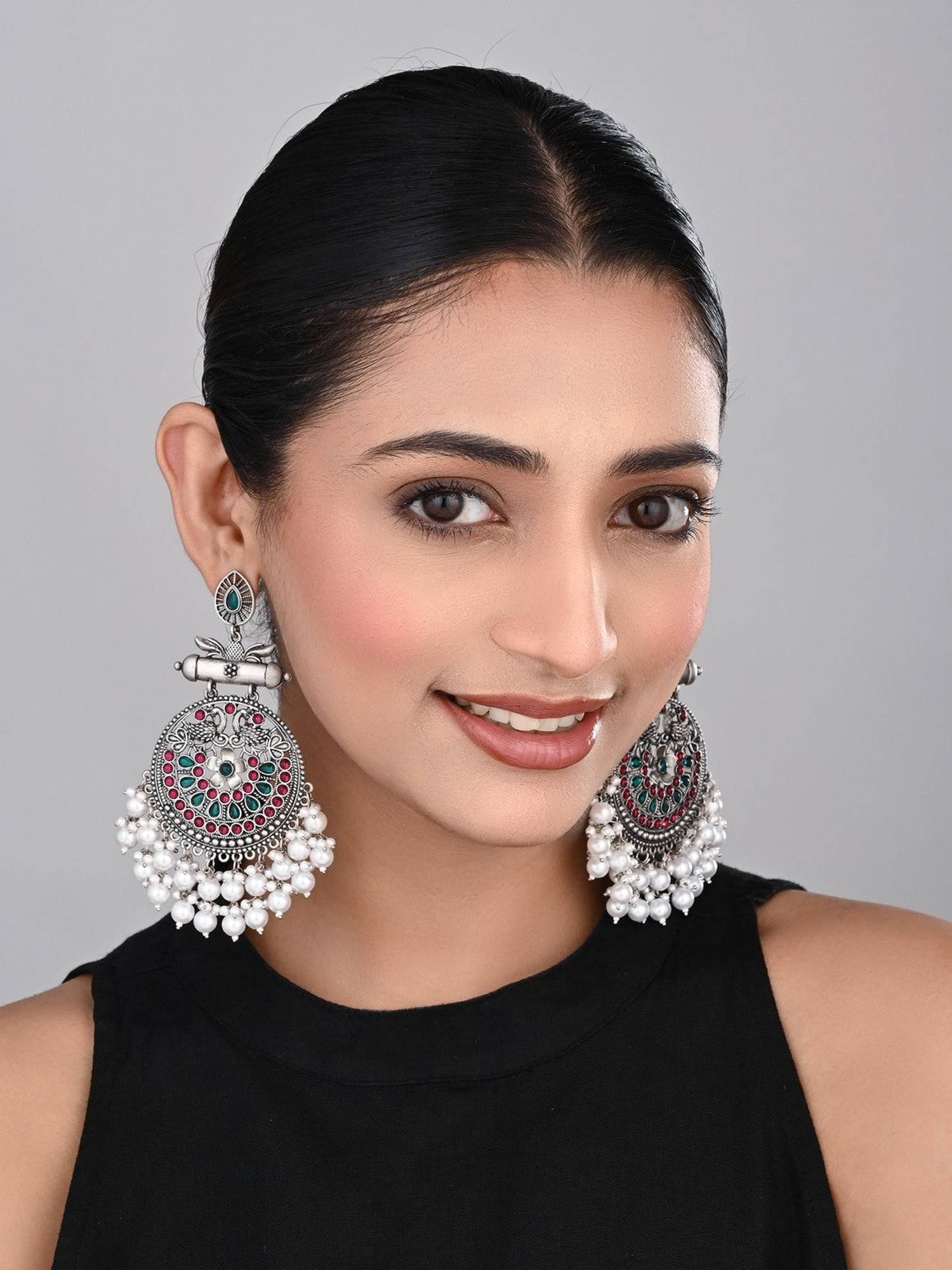 Anvik Multi-Color Oxidised Silver Meenakari Peacock Earrings