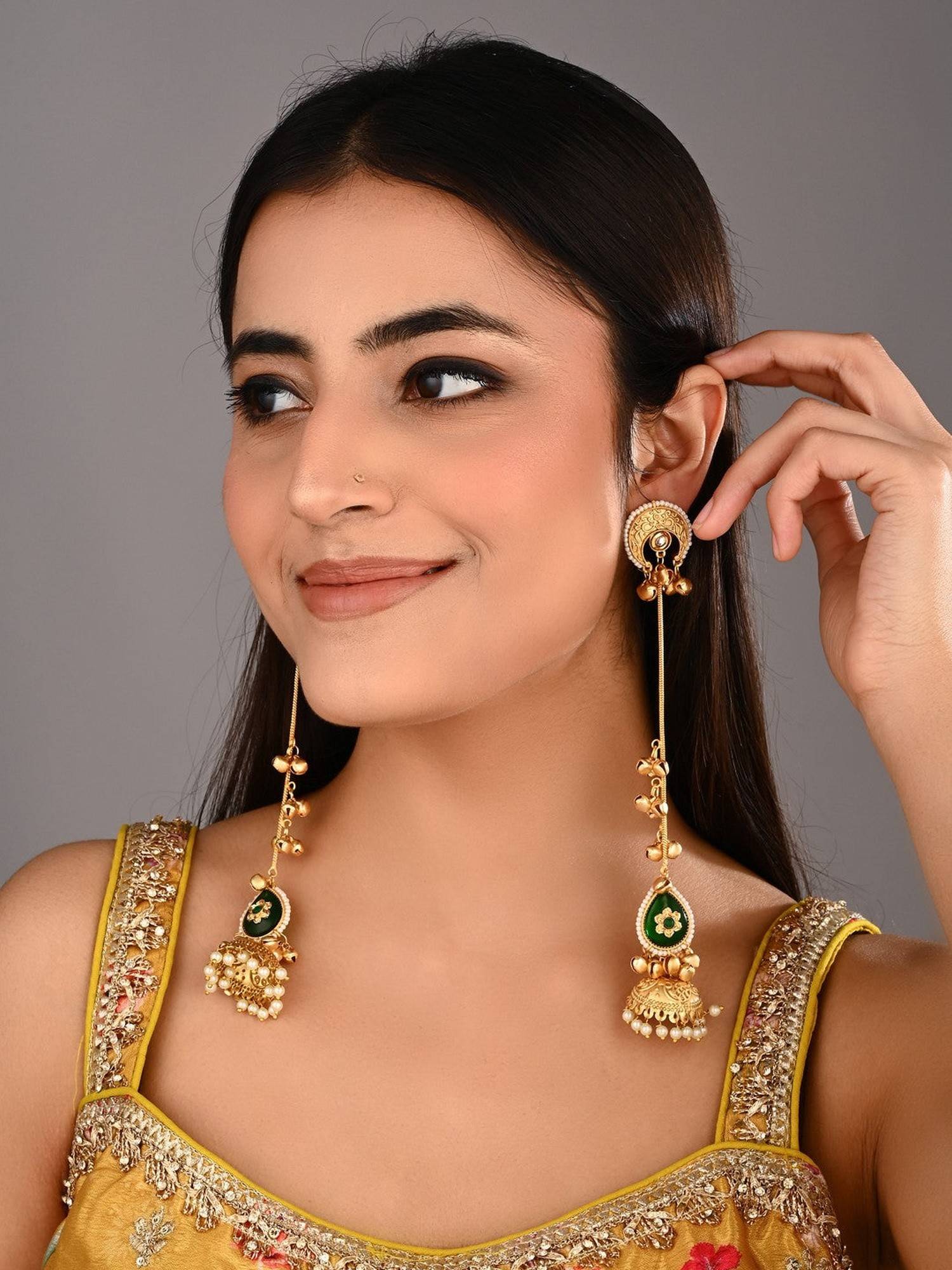Anvik Green Gold Plated Kashmiri Long Jhumka Earrings