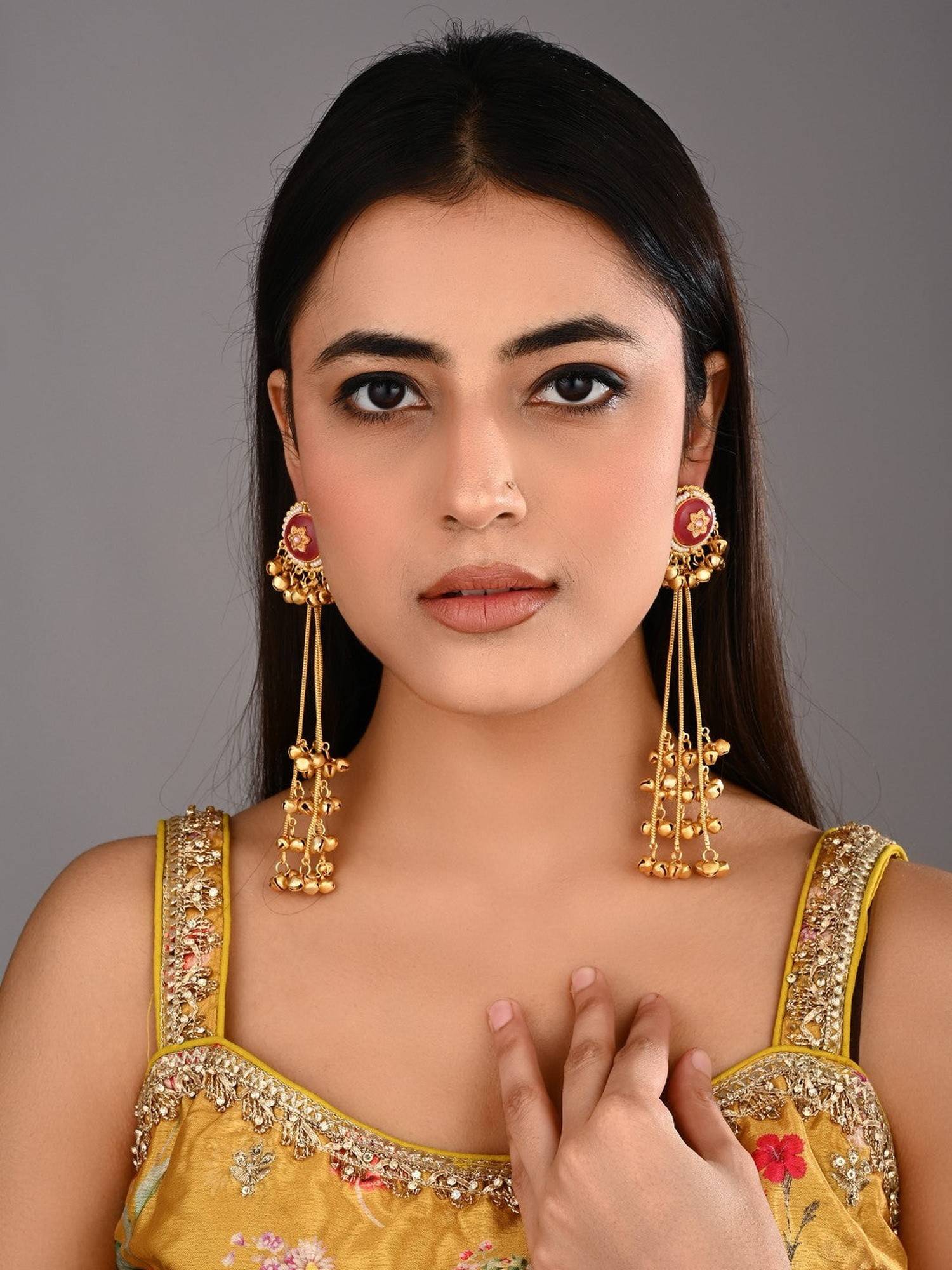 Anvik Gold Plated Pink Stone Kashmiri Long Earring