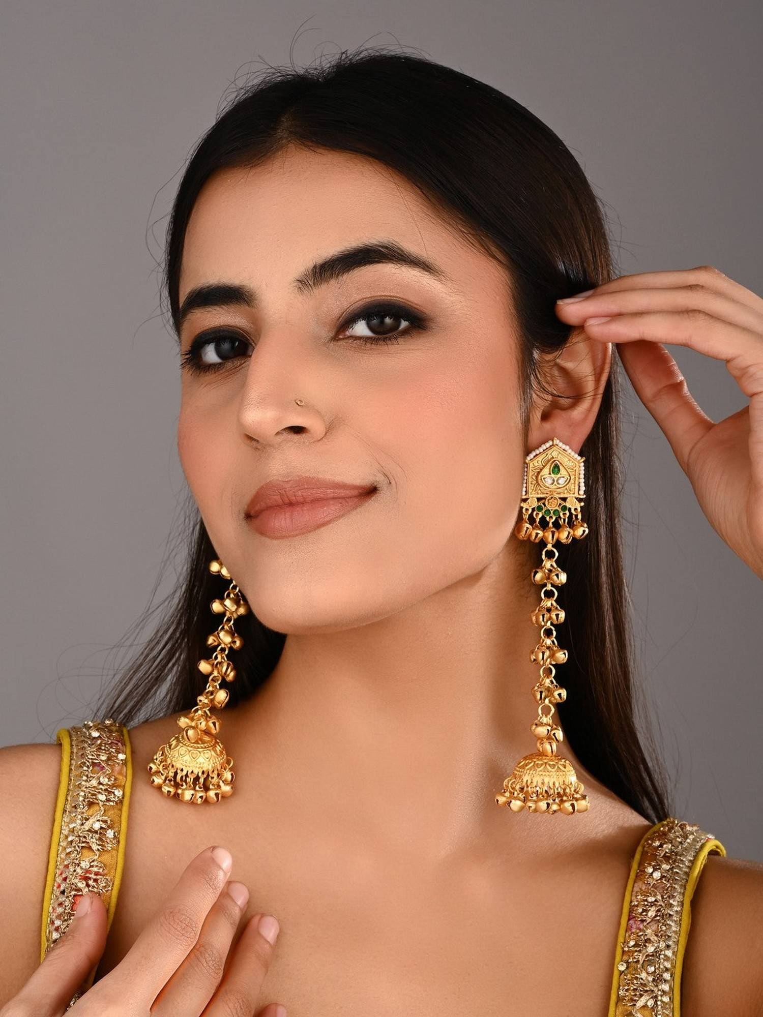 Anvik Geometric Long Drop Green Jhumka Earring