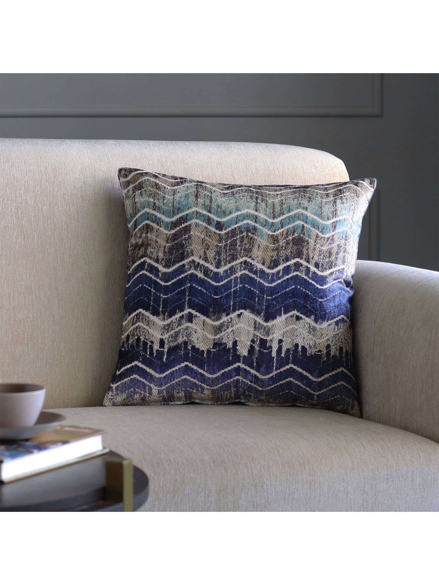 GM Chevron Blue Velvet Cushion Cover (18 x 18 Inches)