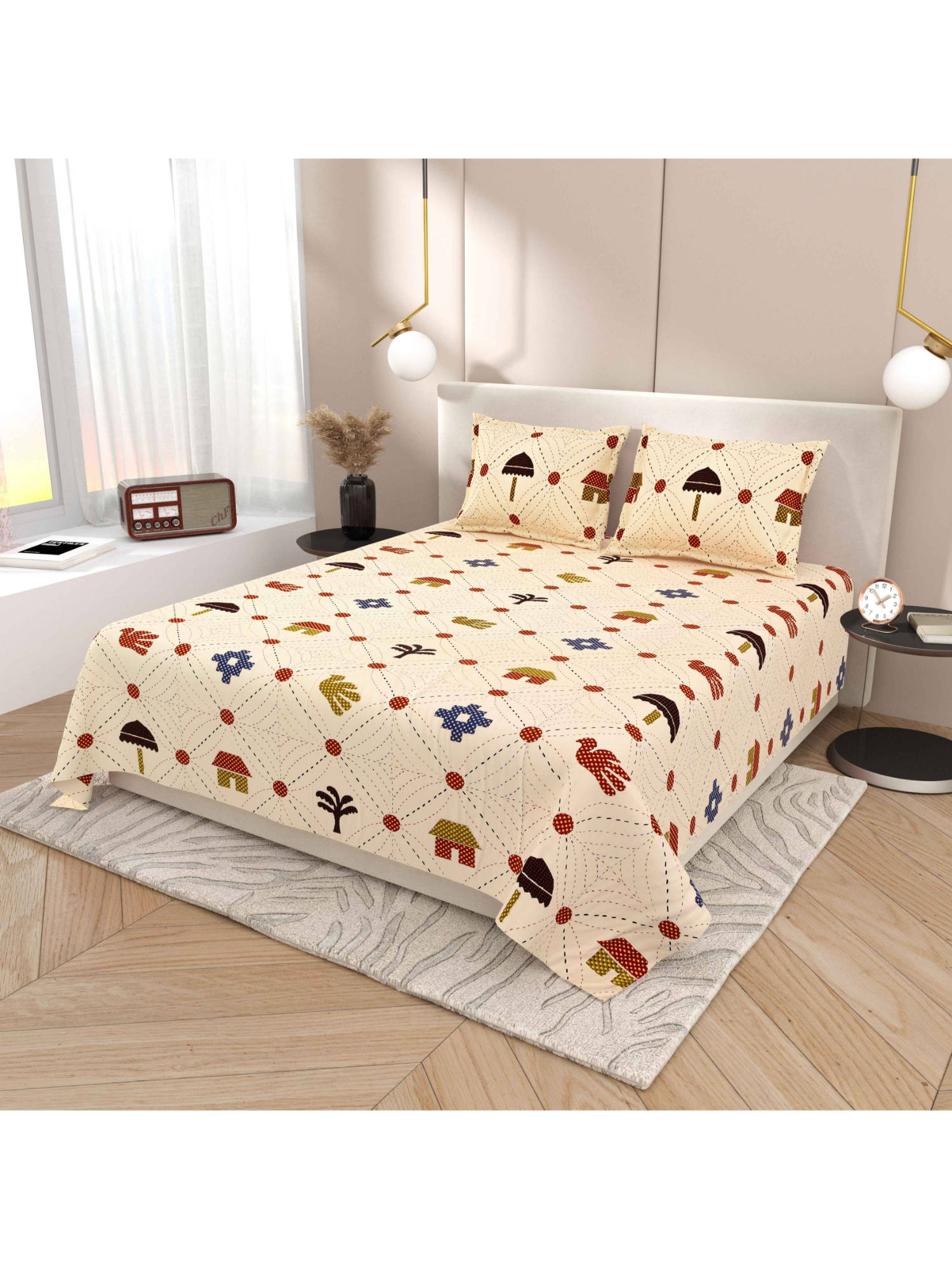 Indra's Beige 120Tc Viscose Cotton Bedsheet with 2 Pillow Covers (King)
