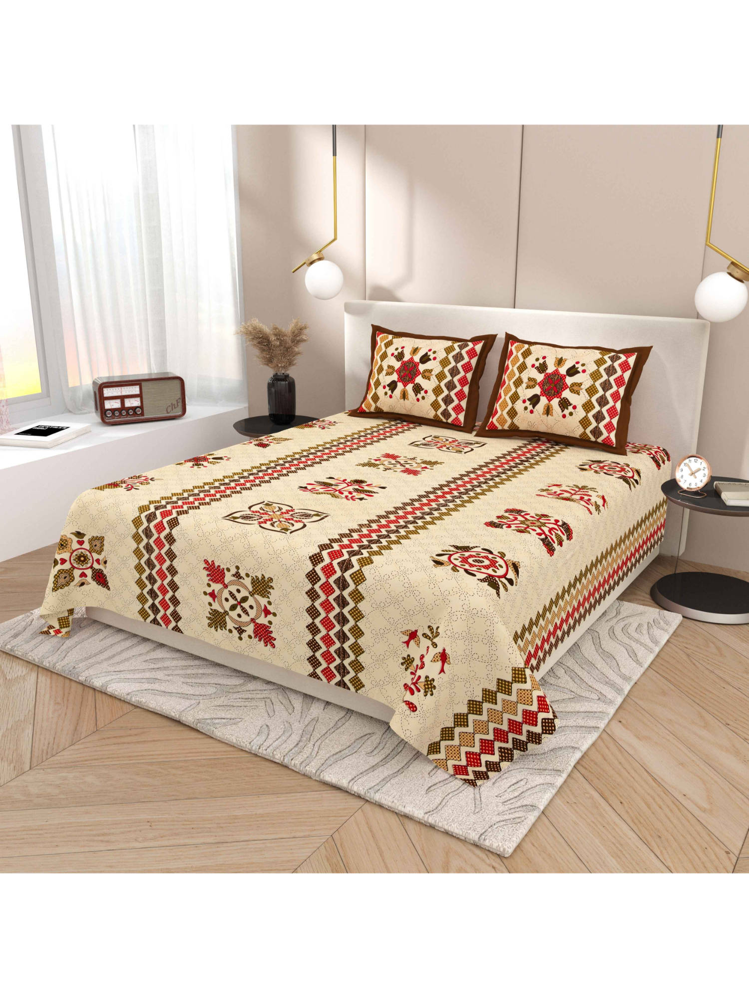 Indra's Beige 120Tc Viscose Cotton Bedsheet with 2 Pillow Covers (King)