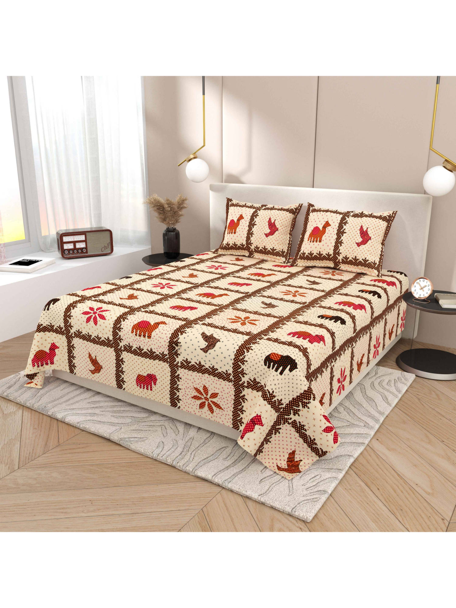 Indra's Beige 120Tc Viscose Cotton Bedsheet with 2 Pillow Covers (King)