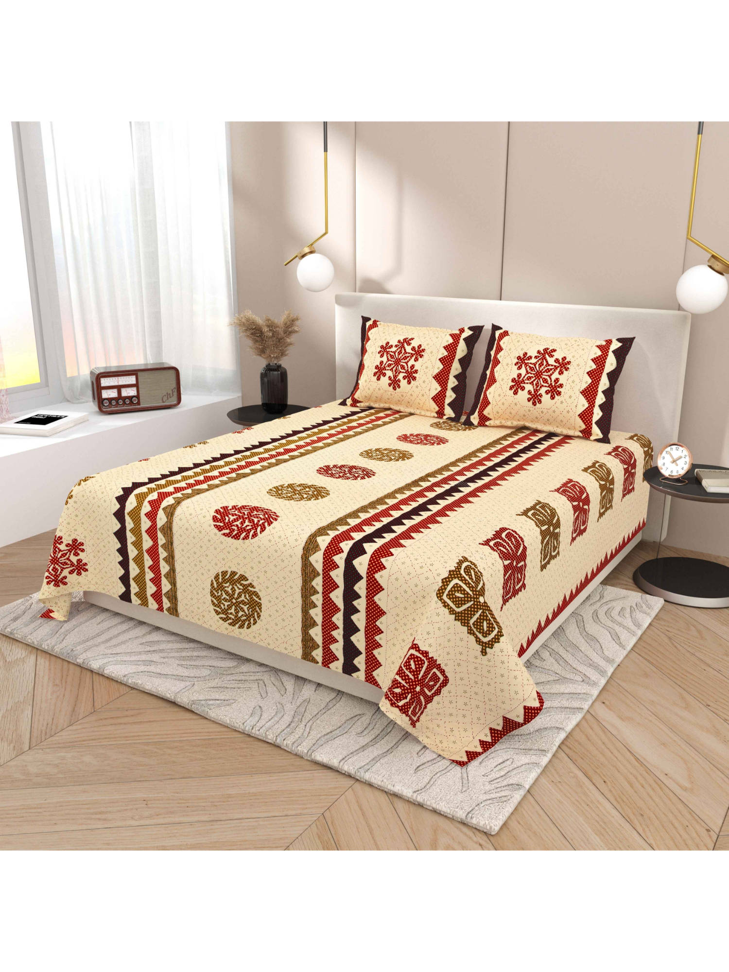 Indra's Beige 120Tc Viscose Cotton Bedsheet with 2 Pillow Covers (King)