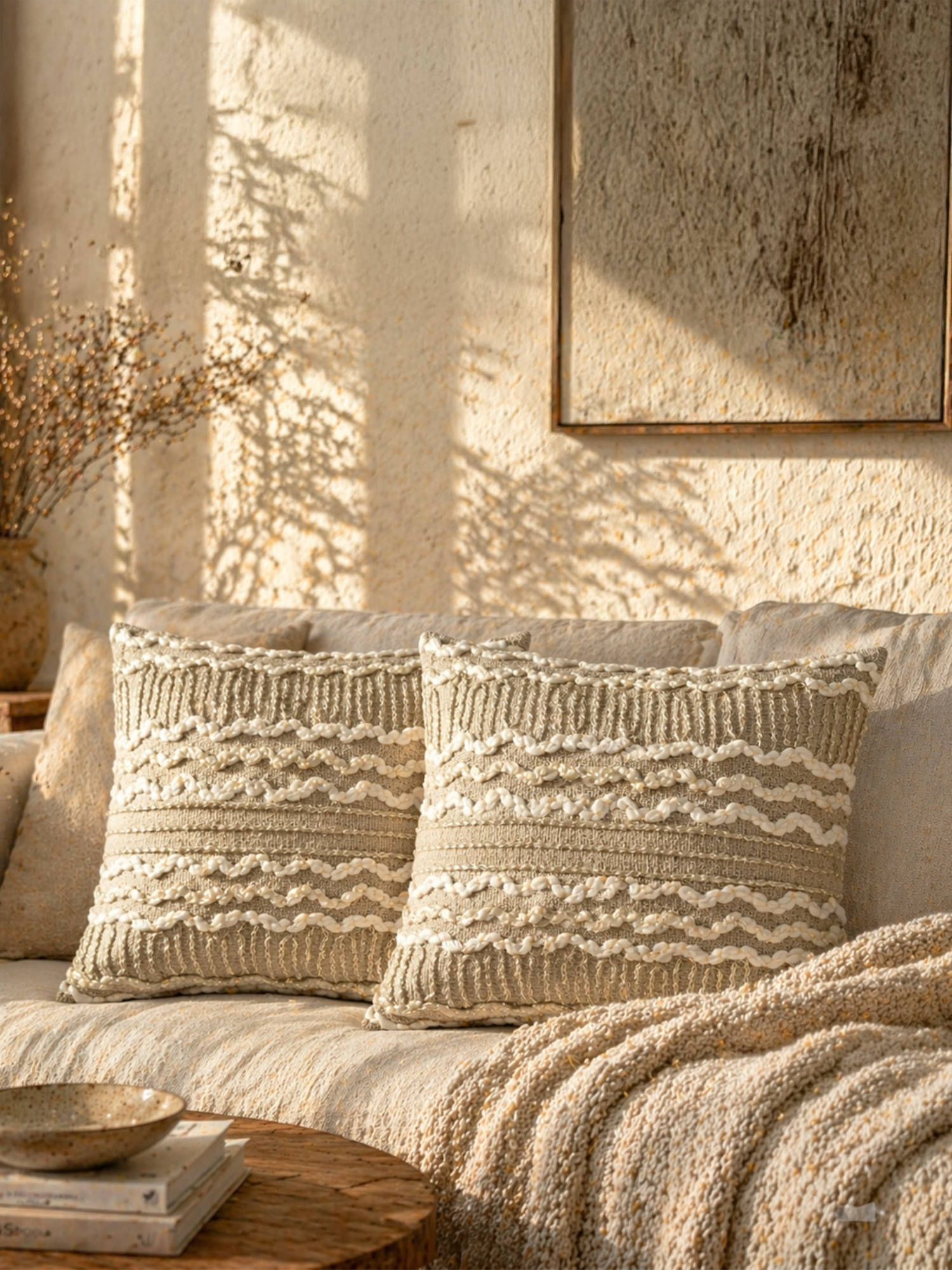 BELIHODE Brown Sandline Drift Hand Crafted Cushion Covers (Pack of 2) (16 x 16 Inches)