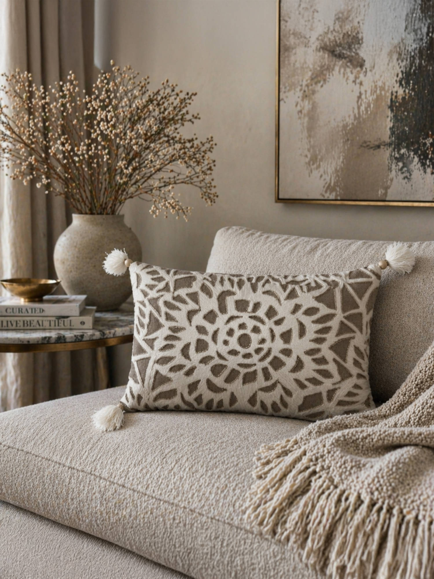 BELIHODE Beige Threadscape Aurelia Hand Crafted Pillow Cover (12 x 20 Inches)