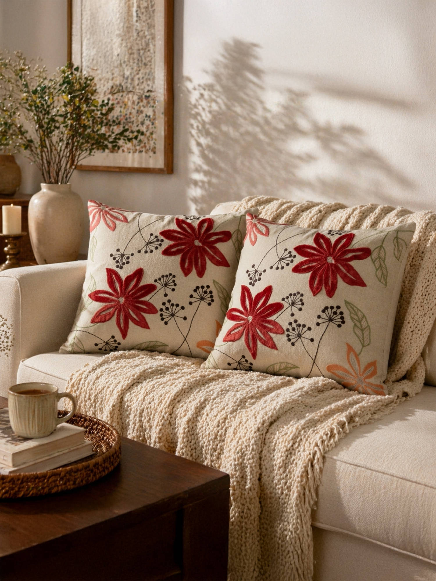 BELIHODE Beige Applique Florals Hand Crafted Cushion Covers (Pack of 2) (16 x 16 Inches)