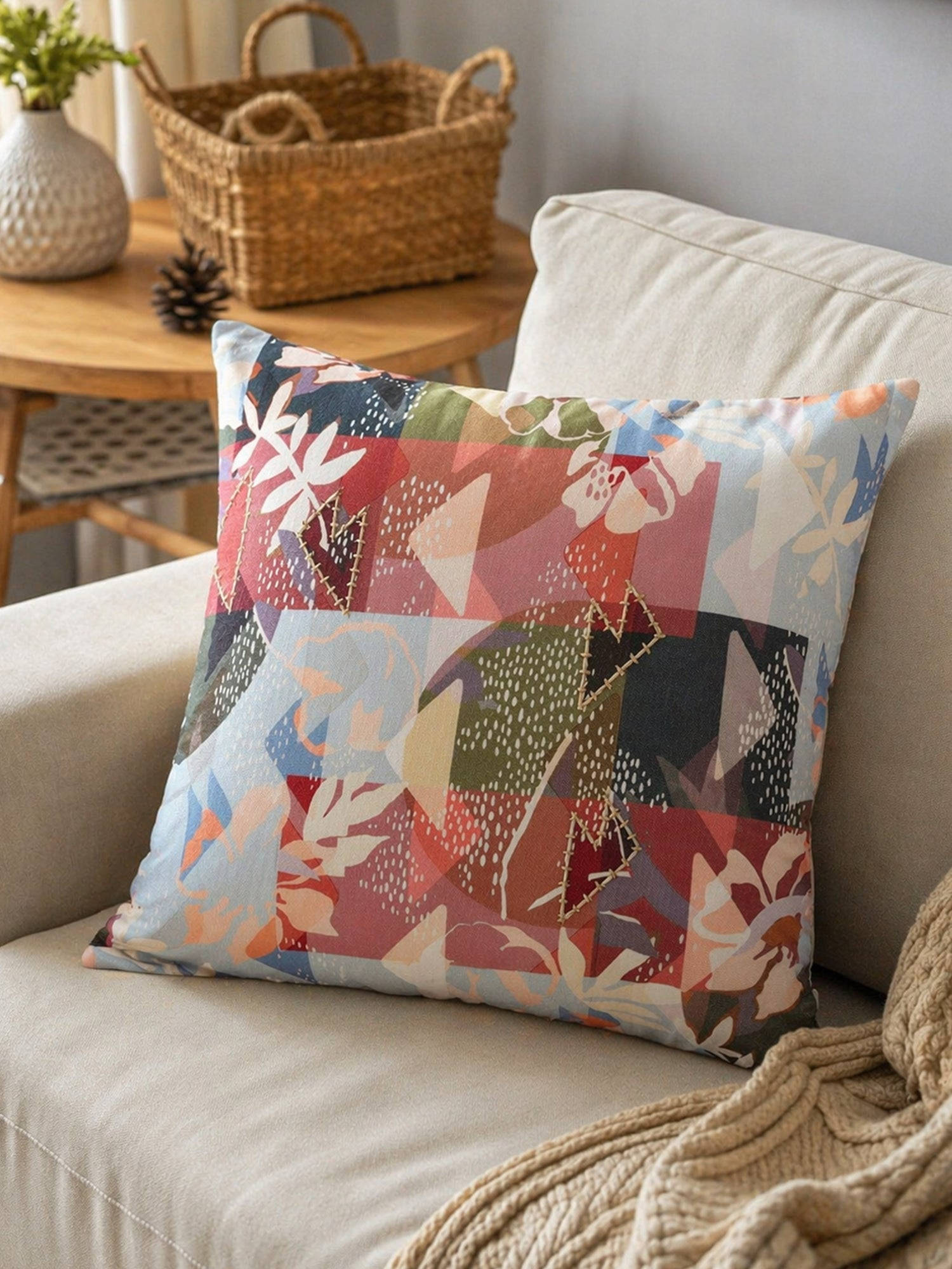 Zeba World Multi-Color Abstract Embroidered Reversible Cushion Cover (16 x 16 Inches)
