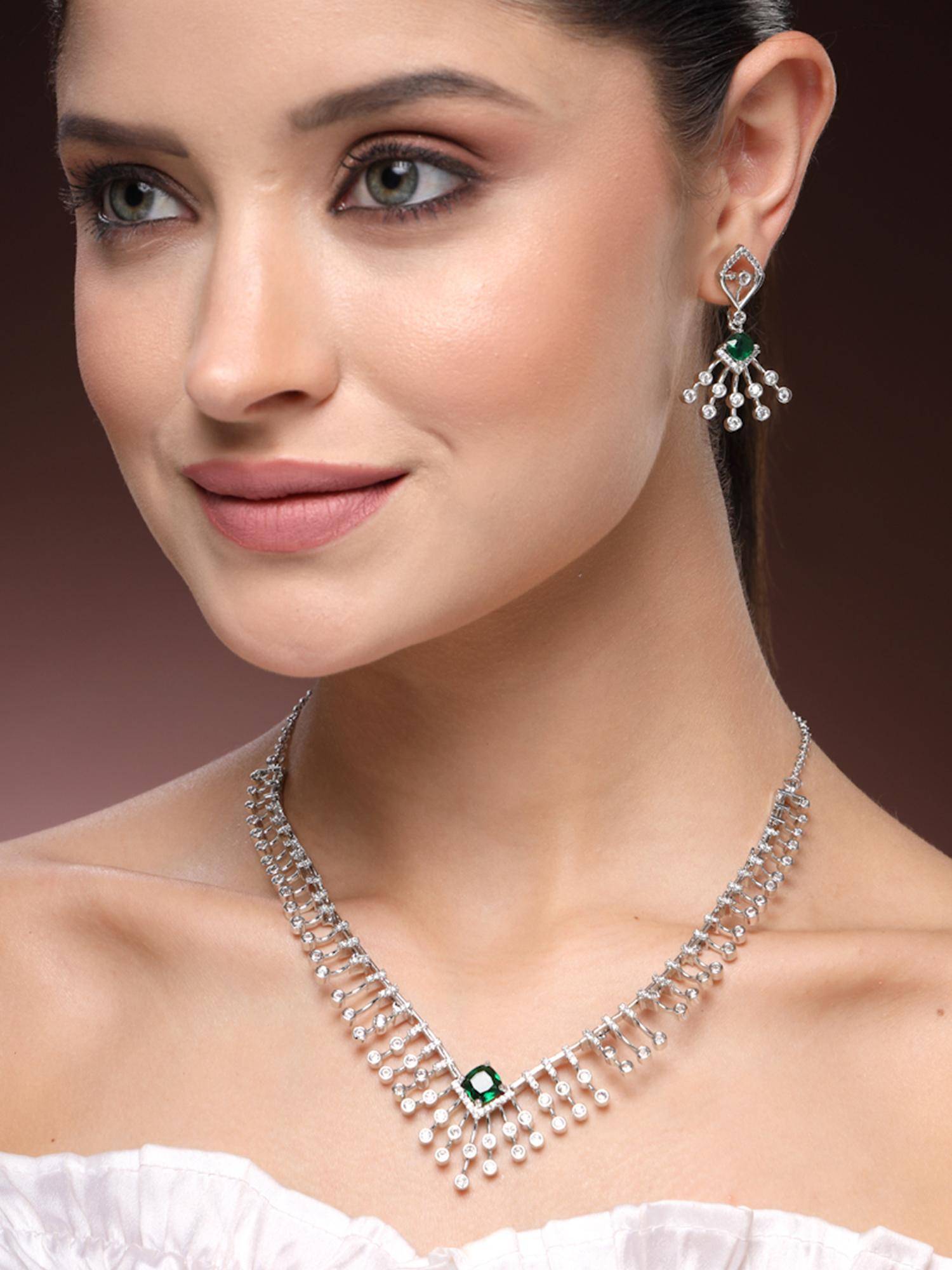 Estele Sparkling Rhodium Plated Green CZ Fringe Necklace Set – Party Glam Look