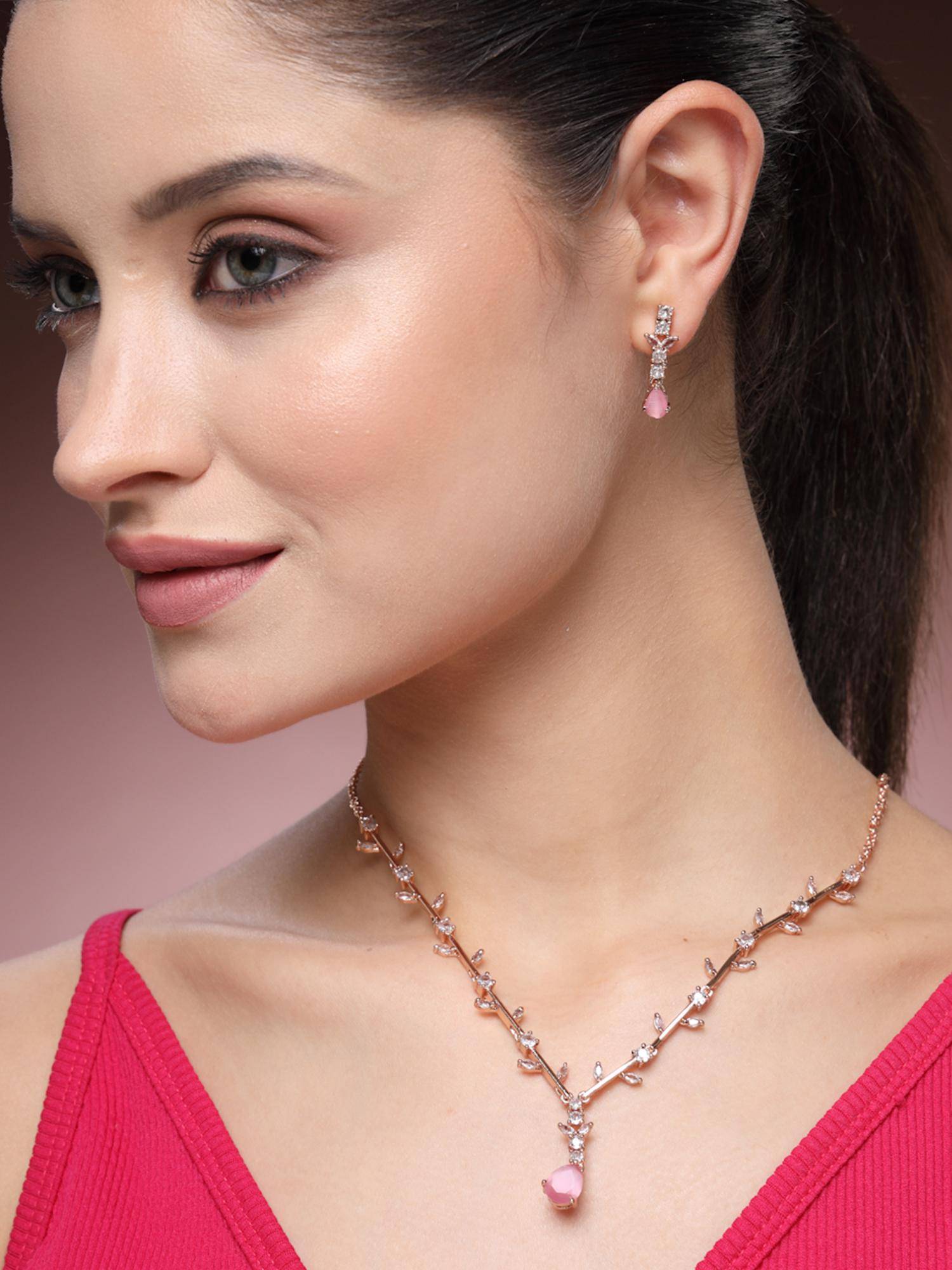 Estele Glittering Rosegold Finish Mint Pink CZ Necklace Set – Evening Glamour