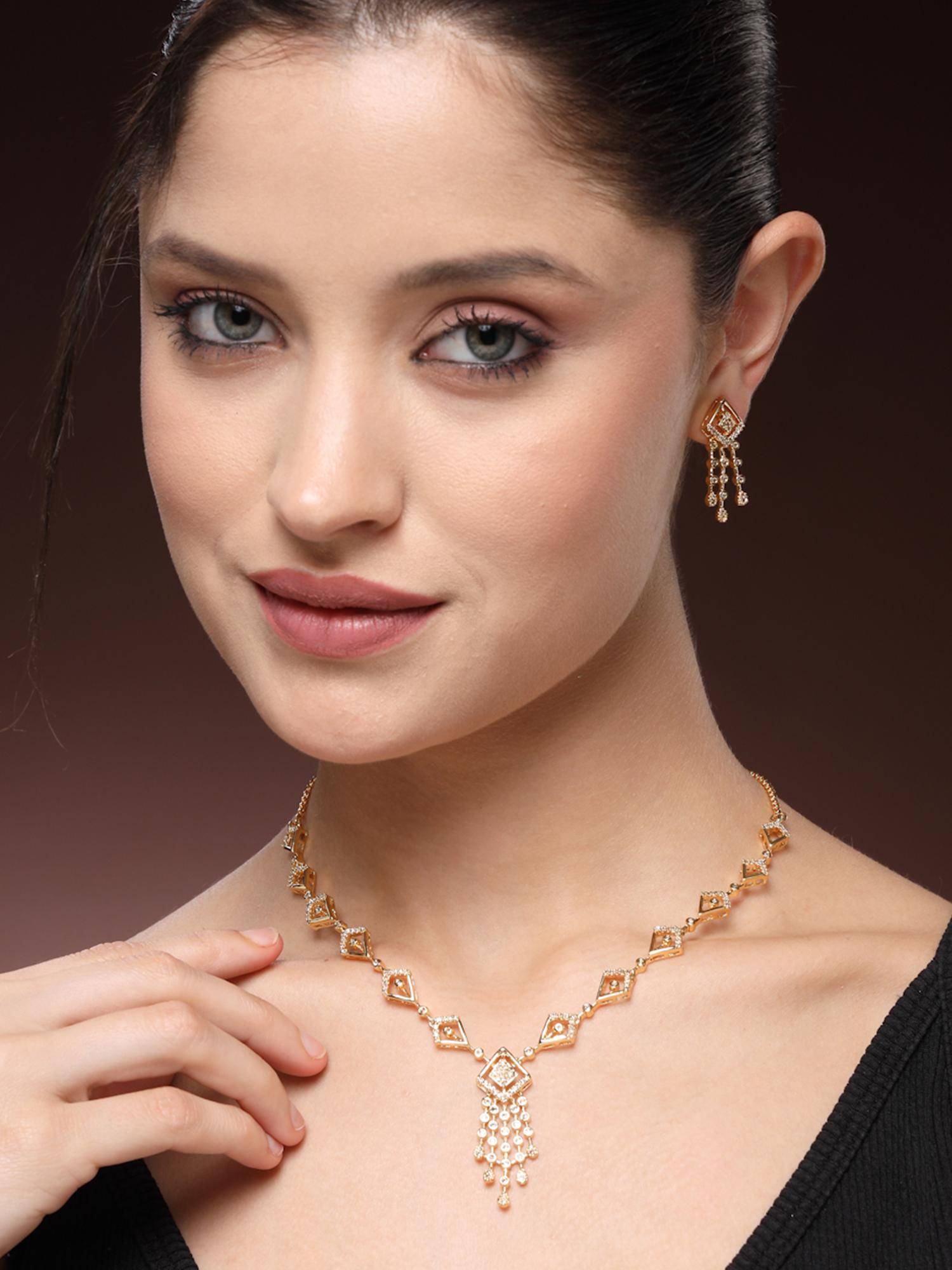 Estele Exclusive Gold Finish Sparkling CZ Necklace Set|Elegant Occasion Jewelry
