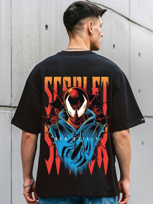 Bewakoof Official Marvel Men's Black Scarlet Spider Graphic Printed  Oversized T-shirt
