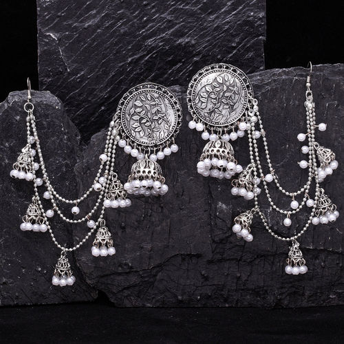 Buy PANASH Silver-plated Oxidised Long Hair Chain Jhumka Earring