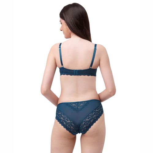 SOIE Women's Semi Coverage Padded Wired Lace Demi Cup Bra with Lacy Brief  Blue (Set of 2) (32B)