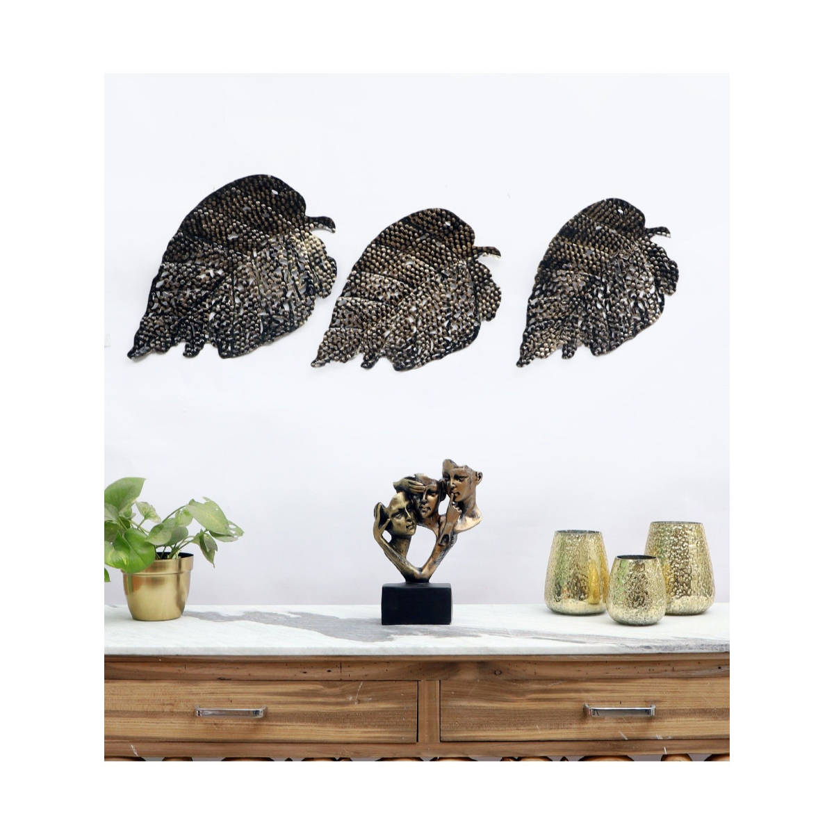 Amaya Decors Black & Gold Etching Leaves Wal Decor Set of 3