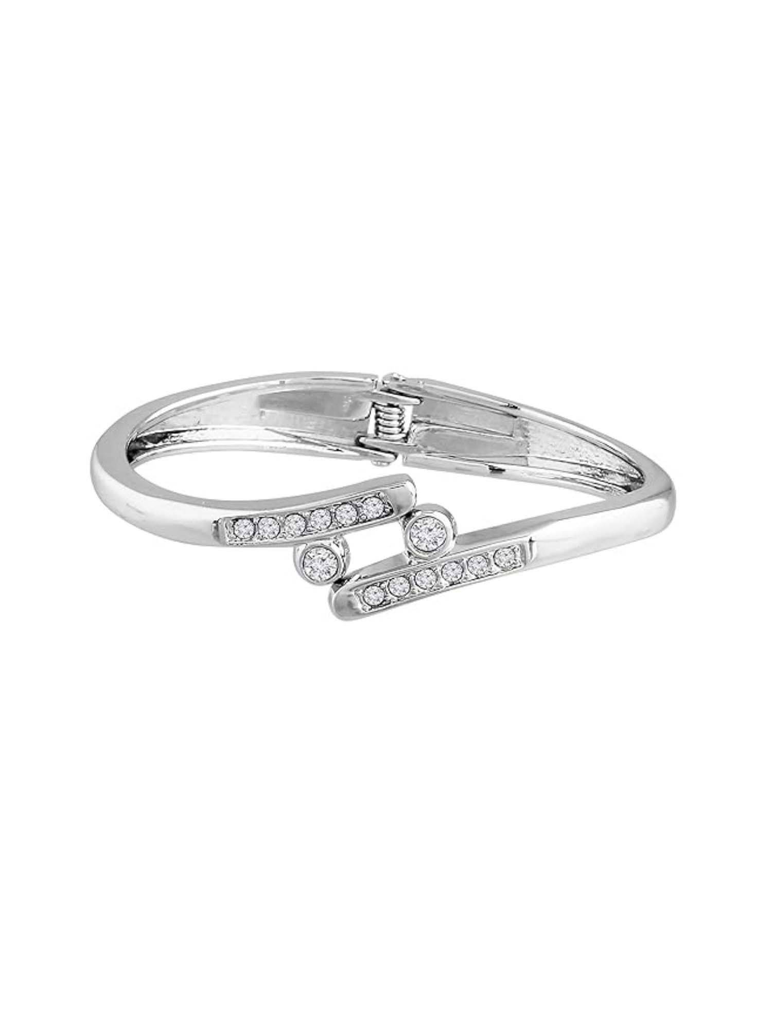 I Jewels Stylish Silver Plated Cubic Zirconia American Diamond Adjustable Bracelet For Women
