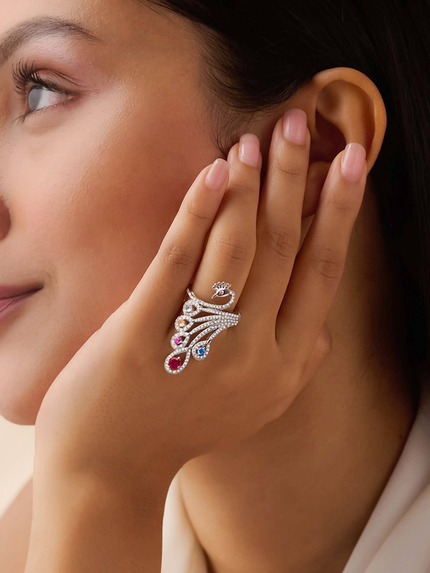 Zavya Peacock’s Wings of Wonder Rhodium Plated Ring (Adjustable)