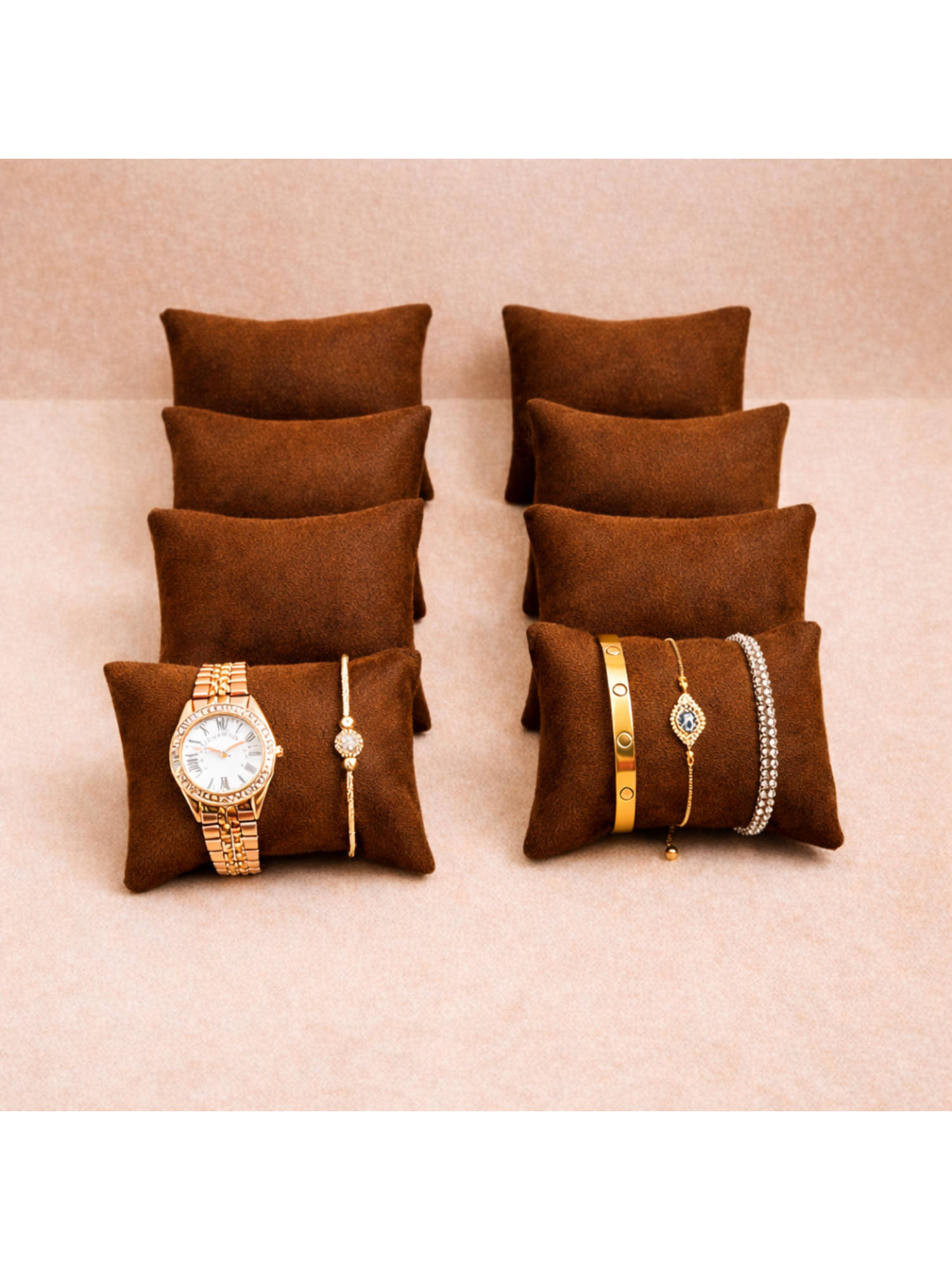 The Big Trove Caramel Brown Velvet Watch & Bracelets Organizer Pillows (Pack of 8)