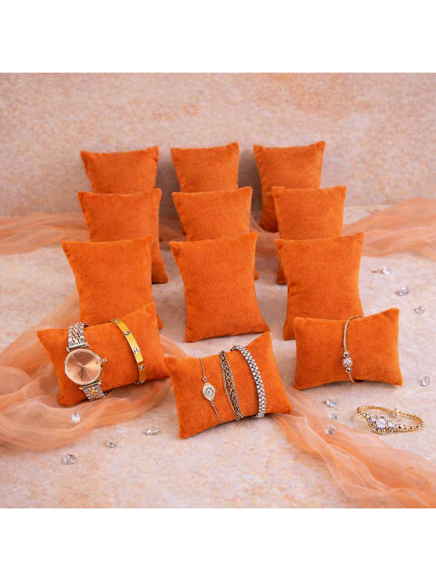 The Big Trove Orange Velvet Watch & Bracelets Organizer Pillows (Pack of 12)