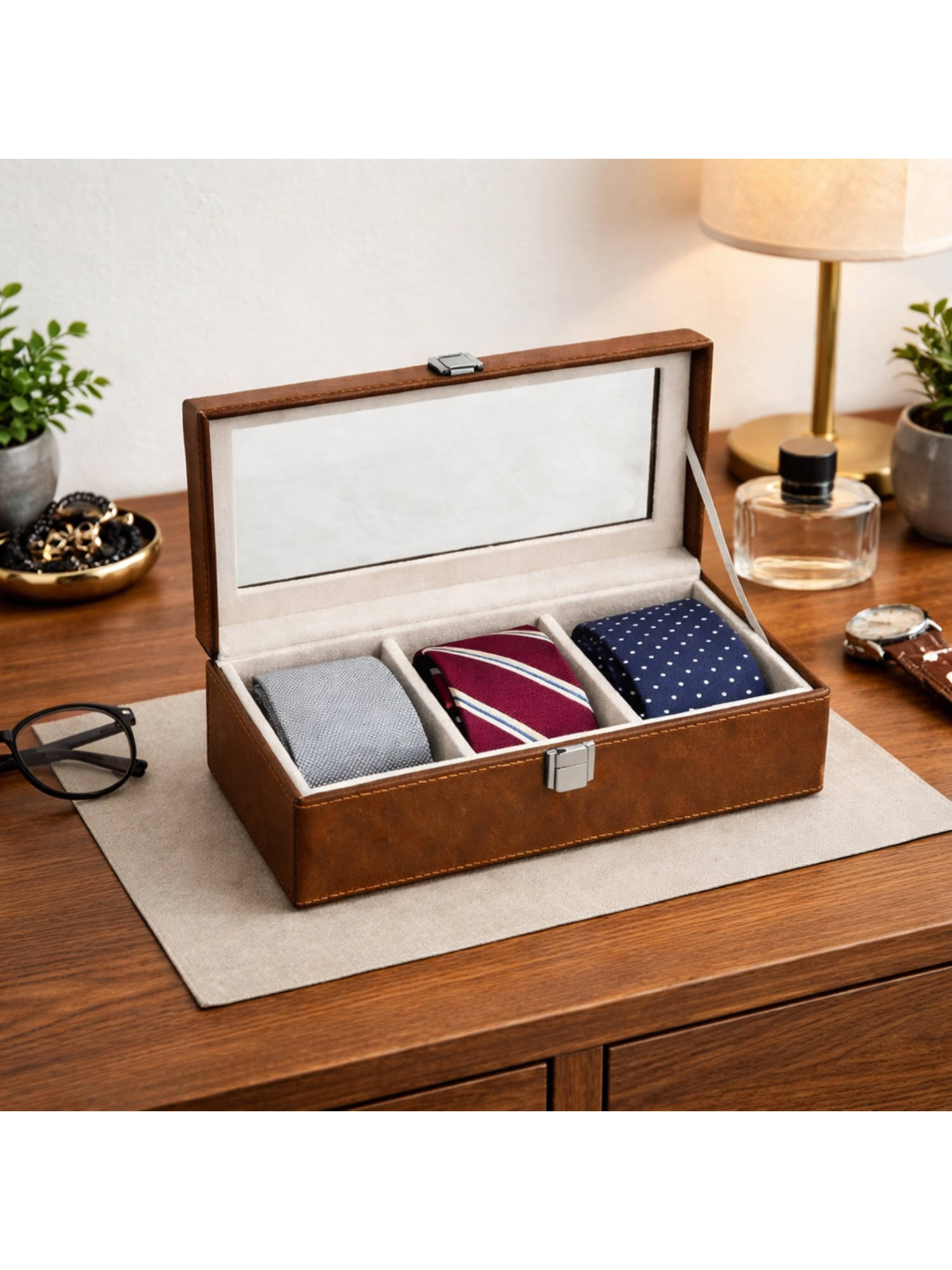 The Big Trove Brown Leatherette 3 Slot Multi-Purpose Display Box
