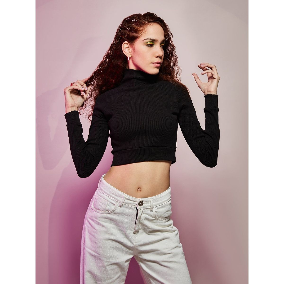 Polo neck crop top cheap long sleeve