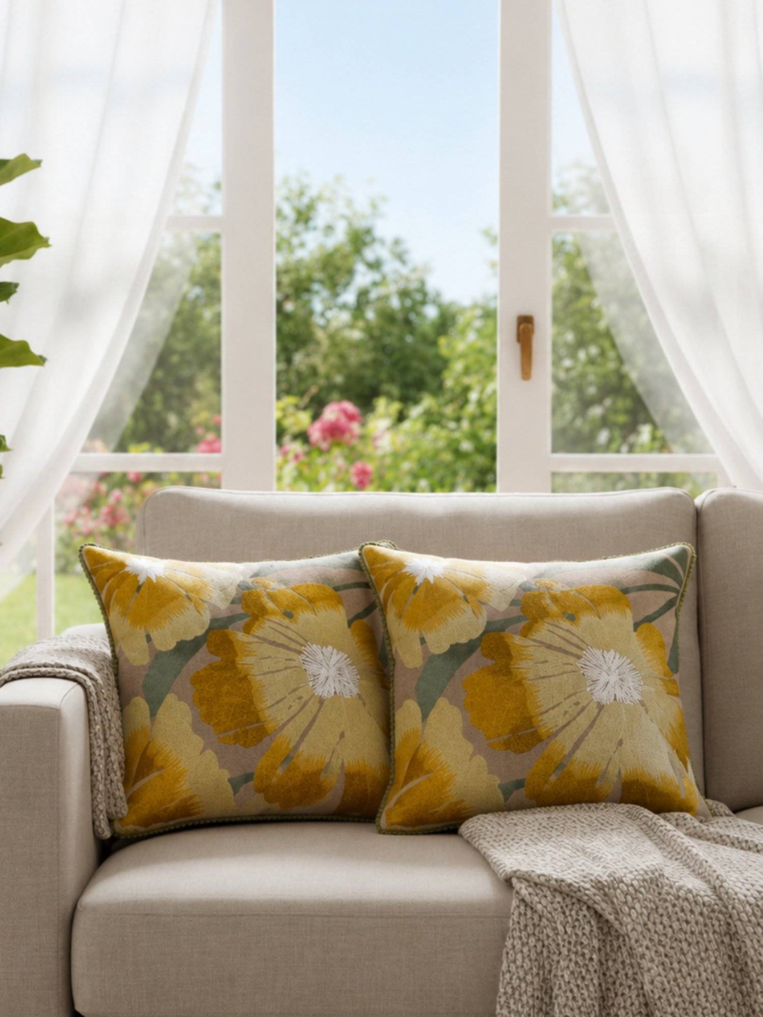 BELIHODE Yellow Aurora Bloom Sunbeam Embroidered Cushion Cover (16 x 16 Inches)