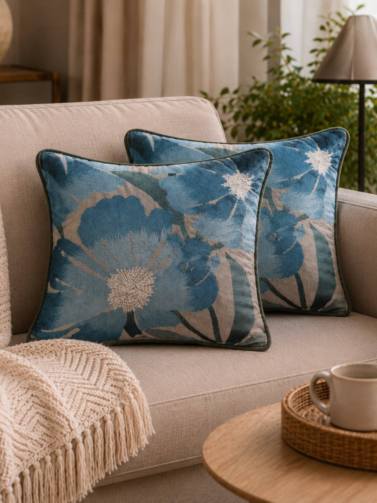 BELIHODE Aurora Bloom Arctic Blue Embroidered Cushion Cover (16 x 16 Inches)