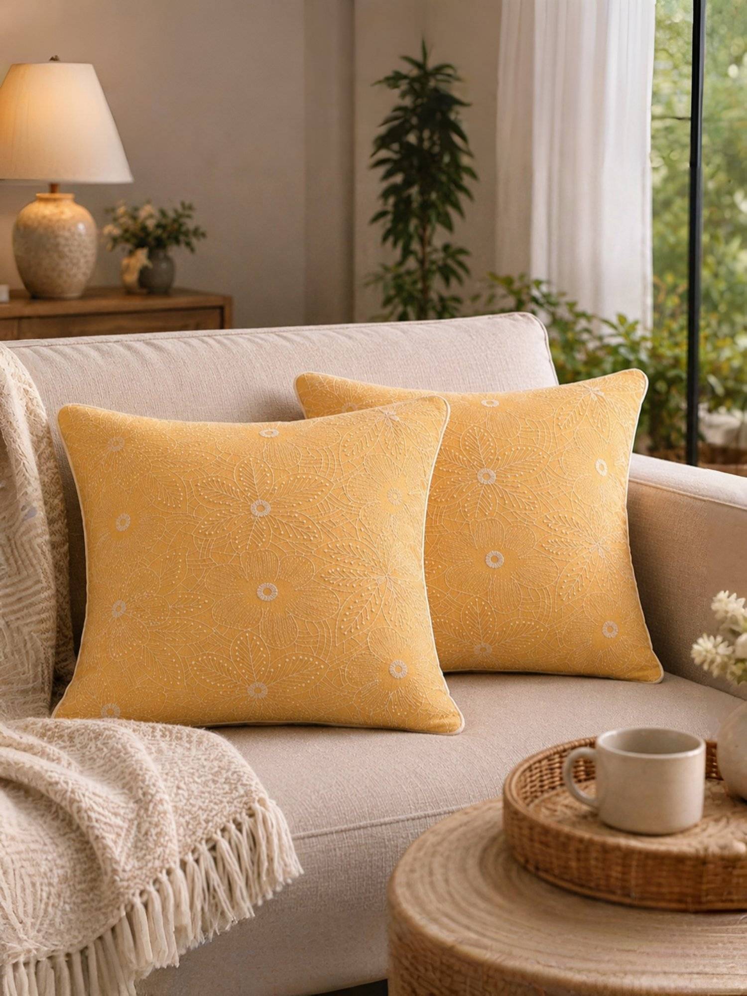BELIHODE Yellow Botanical Bliss - Lemon Haze Embroidered Cushion Cover (16 x 16 Inches)