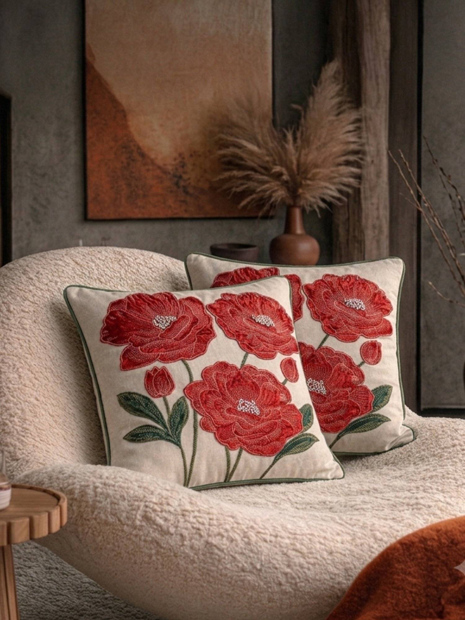 BELIHODE Botanic Charm Crimson Ember Hand Embroidered Cushion Cover (16 x 16 Inches)