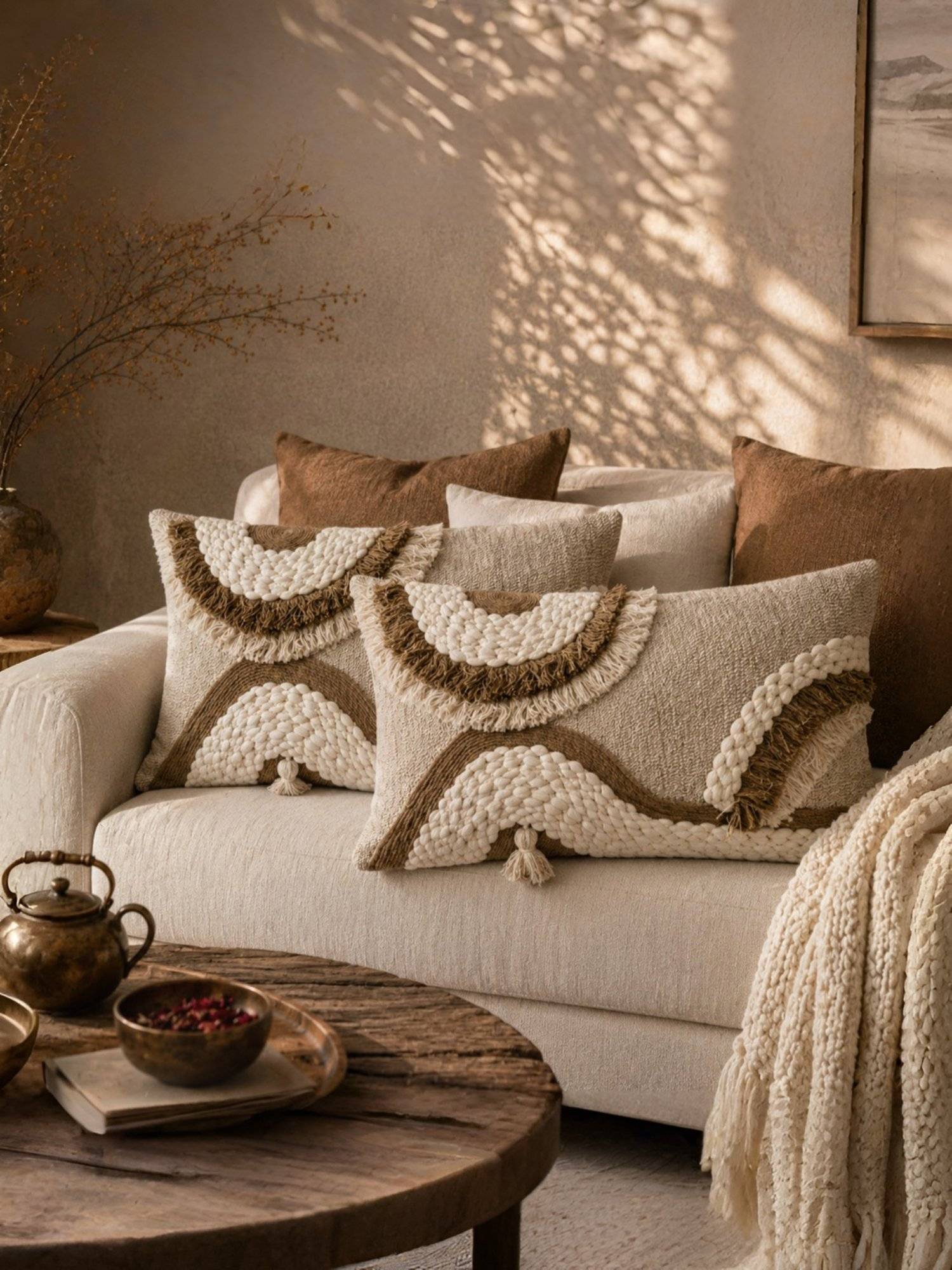 BELIHODE Beige Dune Sculpt Hand Crafted Pillow Cover (12 x 20 Inches)