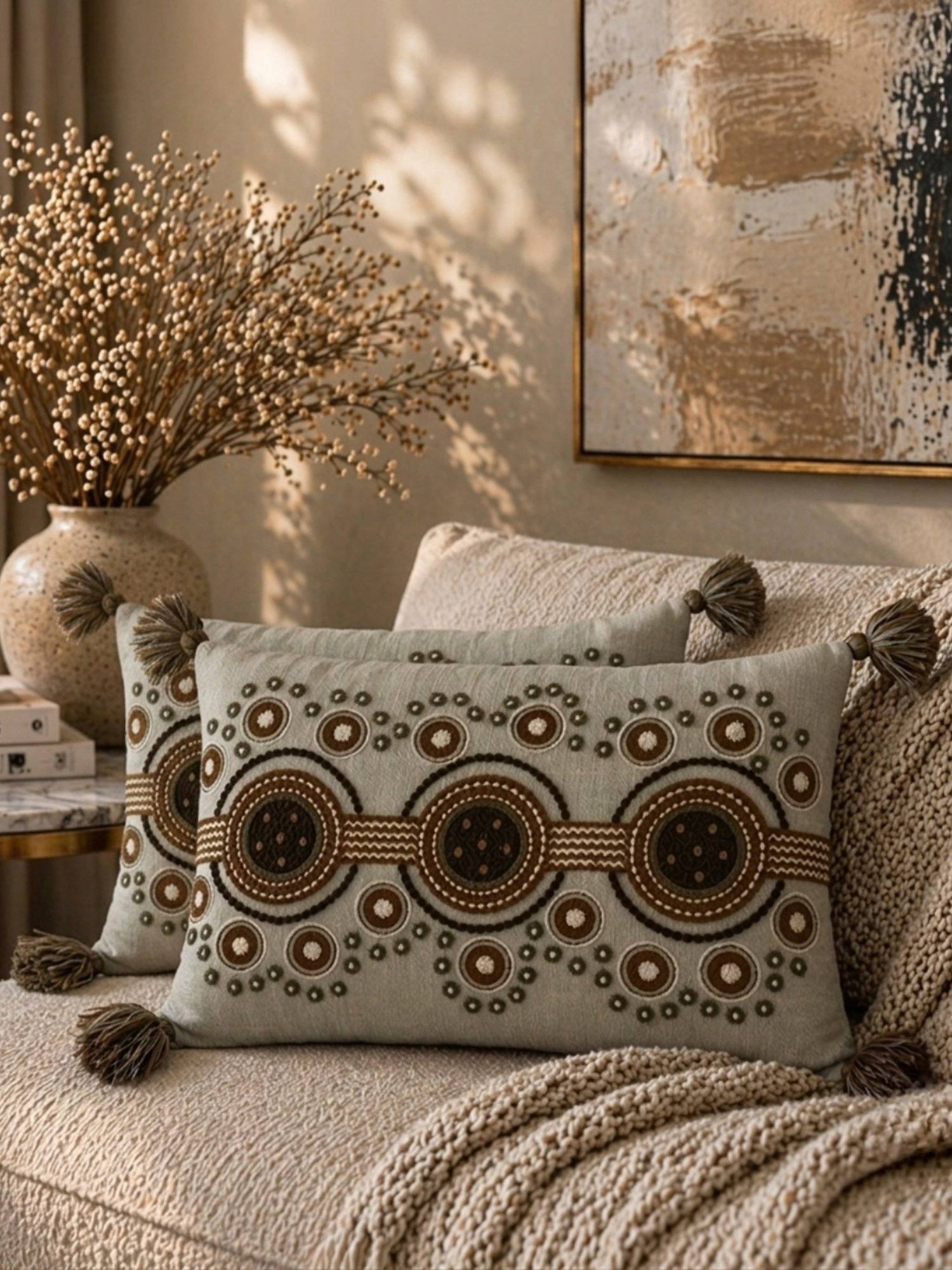 BELIHODE Beige Terra Rhythm Hand Crafted Pillow Cover (12 x 20 Inches)
