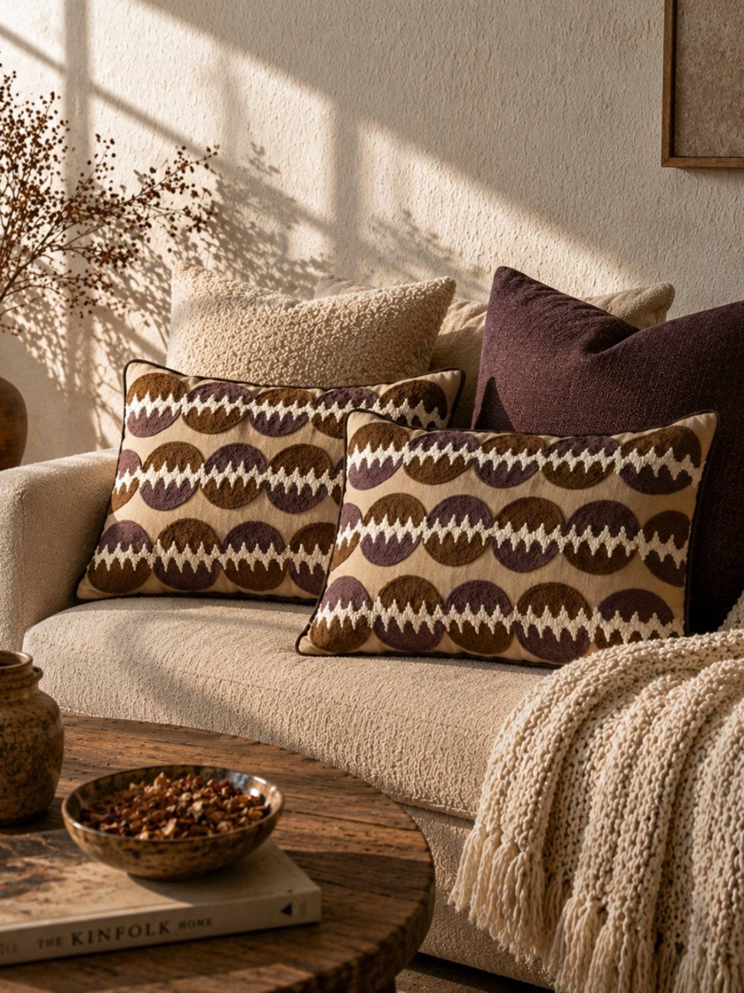 BELIHODE Beige Linea Orbis Hand Crafted Pillow Cover (12 x 20 Inches)