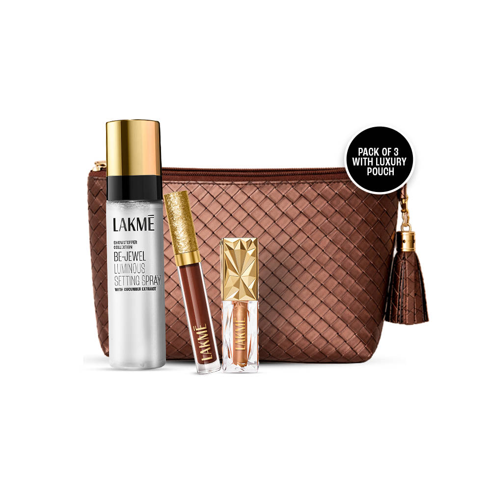 Lakme Bejewel Festive Trio Make Up Pack of 3 with complementary Luxury Travel Pouch, Makeup Gift Set