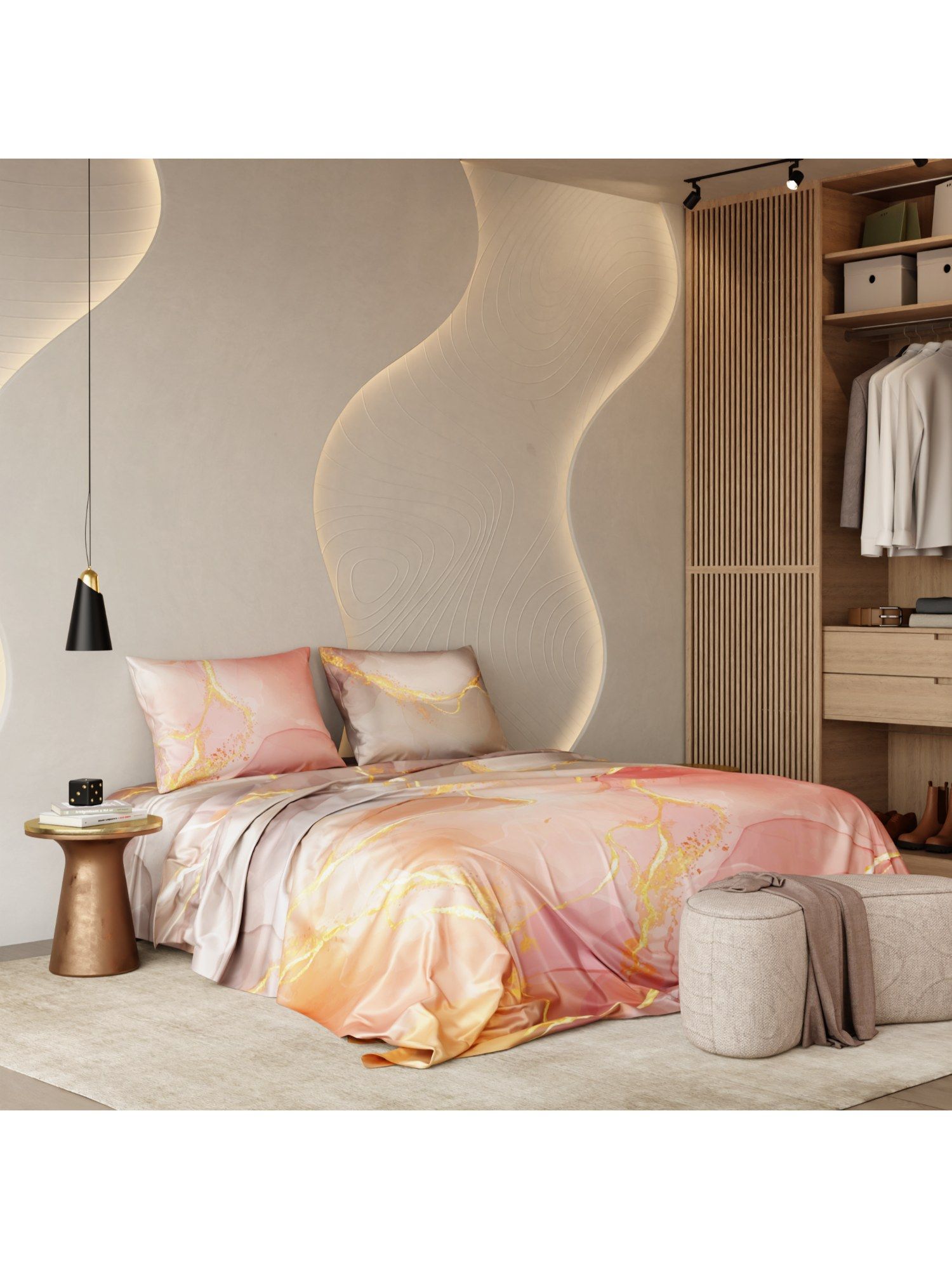 Stoa Paris Brushstroke Satin Bedsheet with 2 Pillow Covers (King)