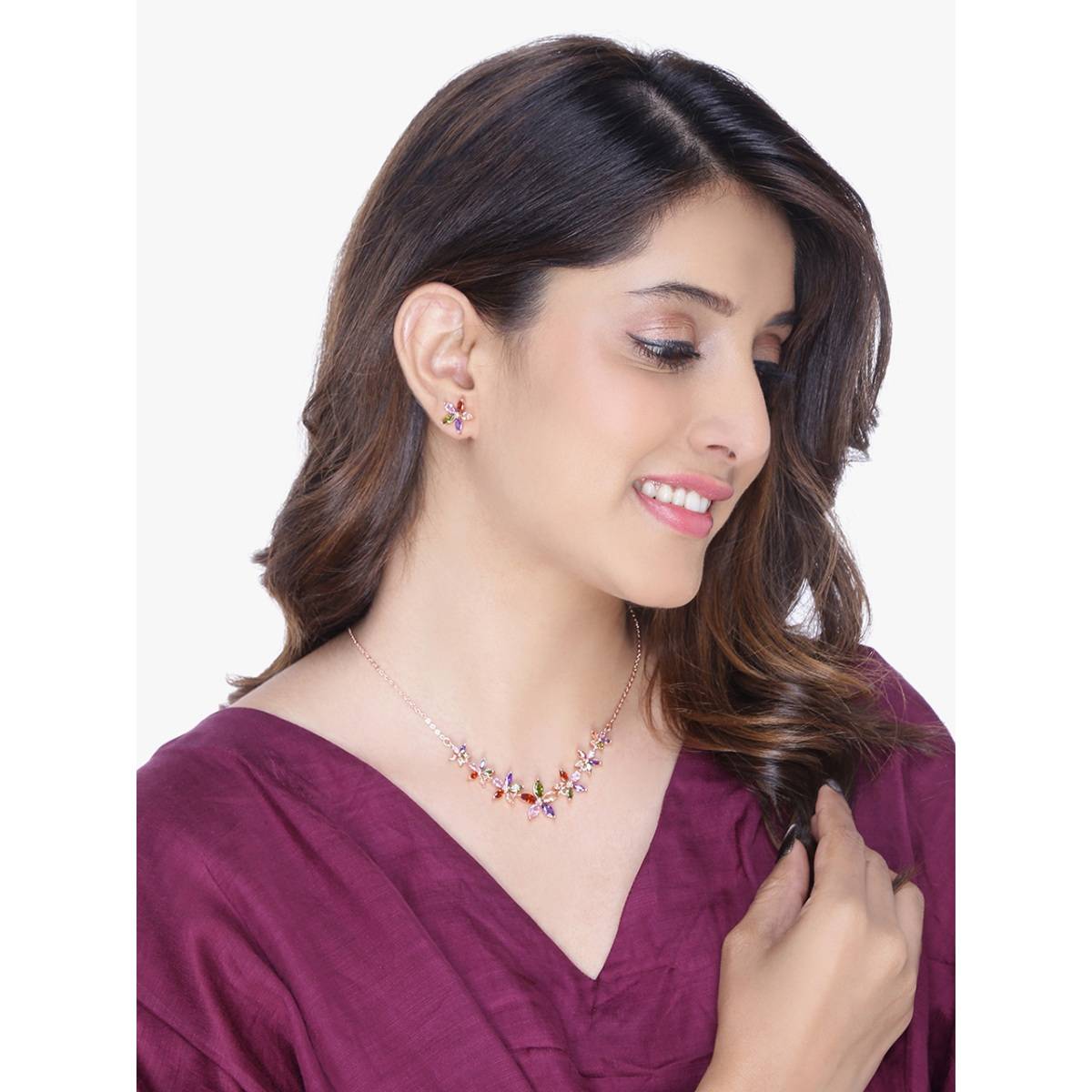 Yellow Chimes Rose Gold-Plated Pink and Green CZ-Studded Jewellery Set