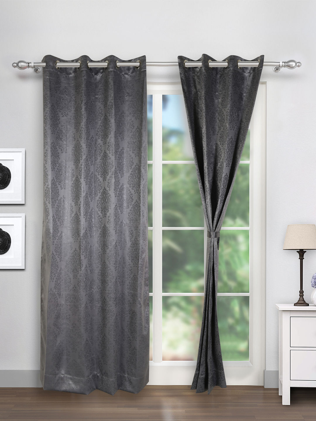 Swayam Grey Colour Motif Jaquard & Blackout Eyelet Door Curtain