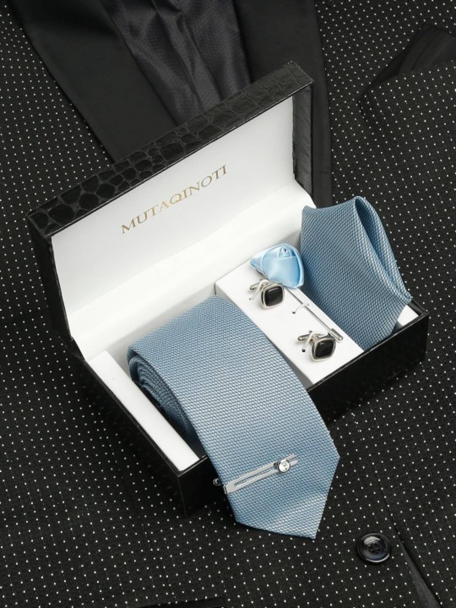 MUTAQINOTI Men Printed Blue Tie Pocket Square Lapel Pin With Brooch & Cufflinks