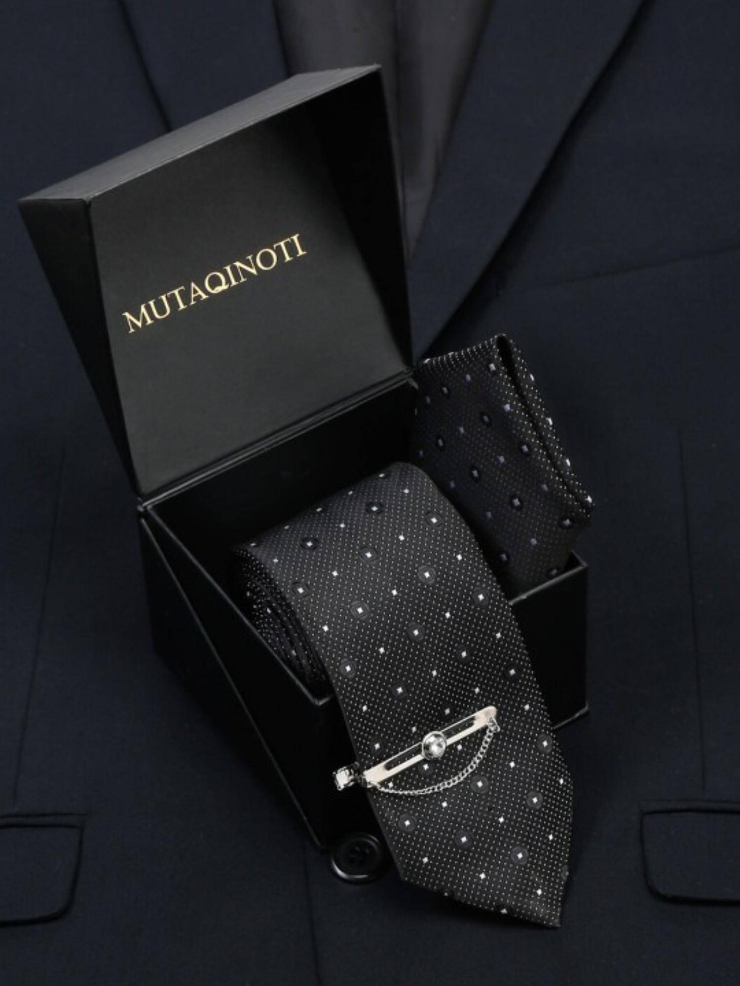 MUTAQINOTI Men Printed Black Tie With Pocket Square & Lapel Pin