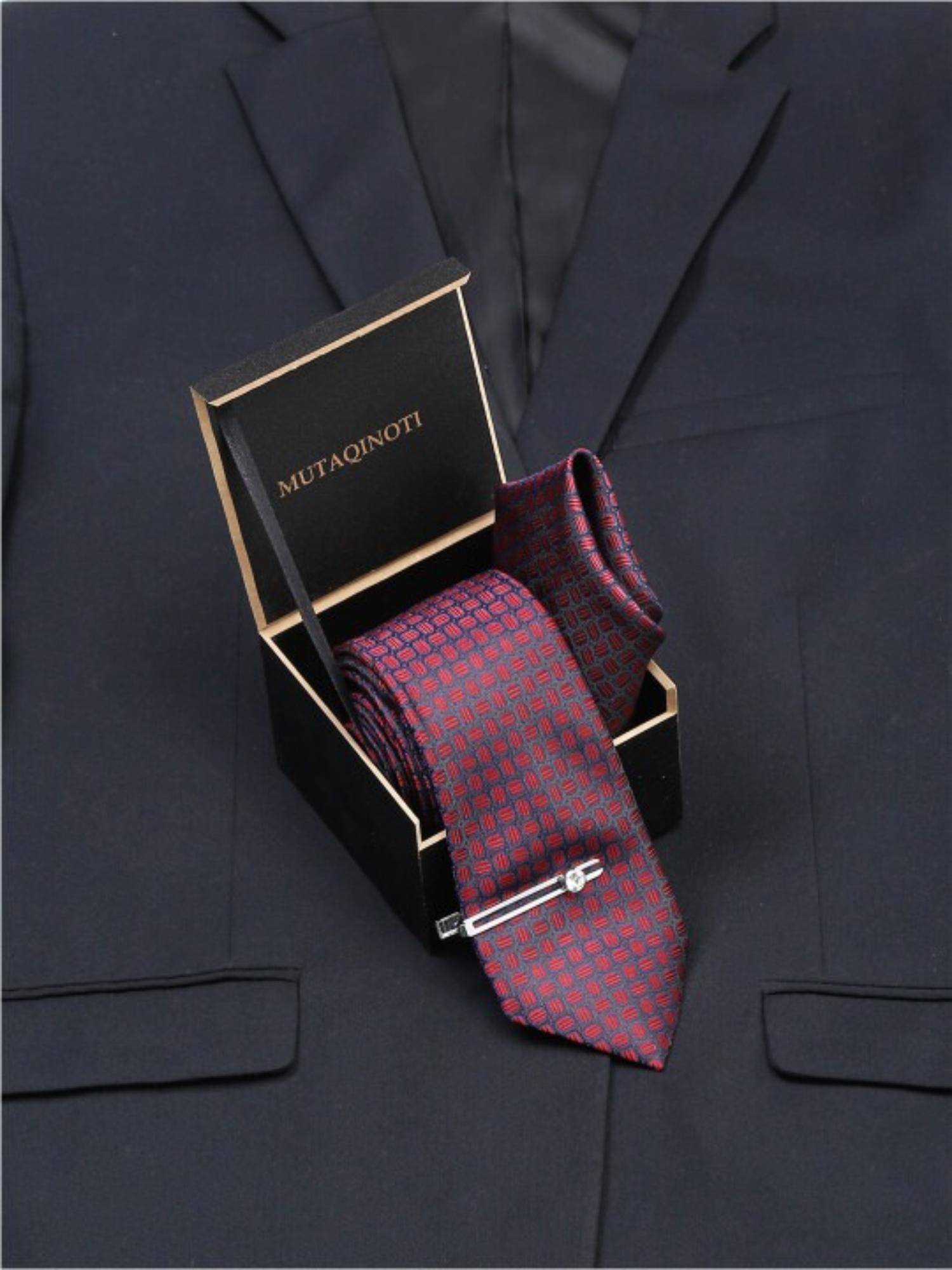MUTAQINOTI Men Printed Maroon Tie With Pocket Square & Lapel Pin