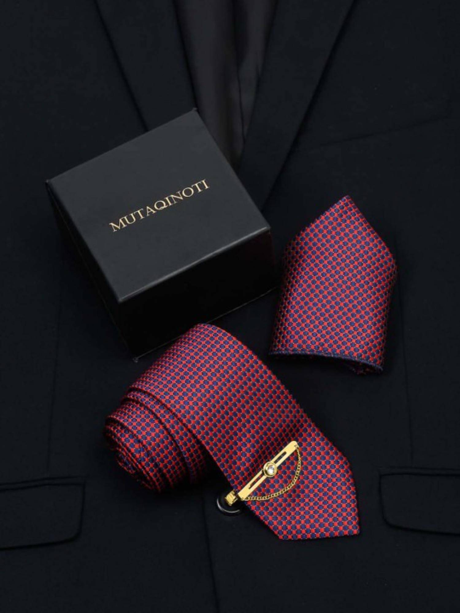 MUTAQINOTI Men Printed Red Tie With Pocket Square & Lapel Pin