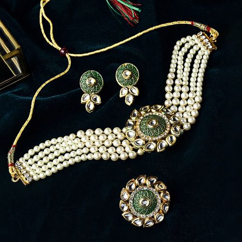 ZAVERI PEARLS Green Meenakari Kundan Bridal Necklace Earring & Maangtikka Set - 22K Gold Plated, Alloy With Kundan & Beads, Traditional Wedding Jewelry For Women