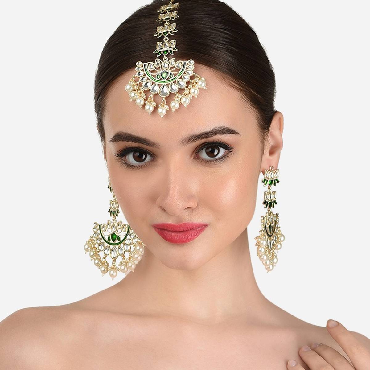 Zaveri Pearls Green Meenakari Lotus Design Kundan Earring and Maangtikka -ZPFK12216 (Set of 2)