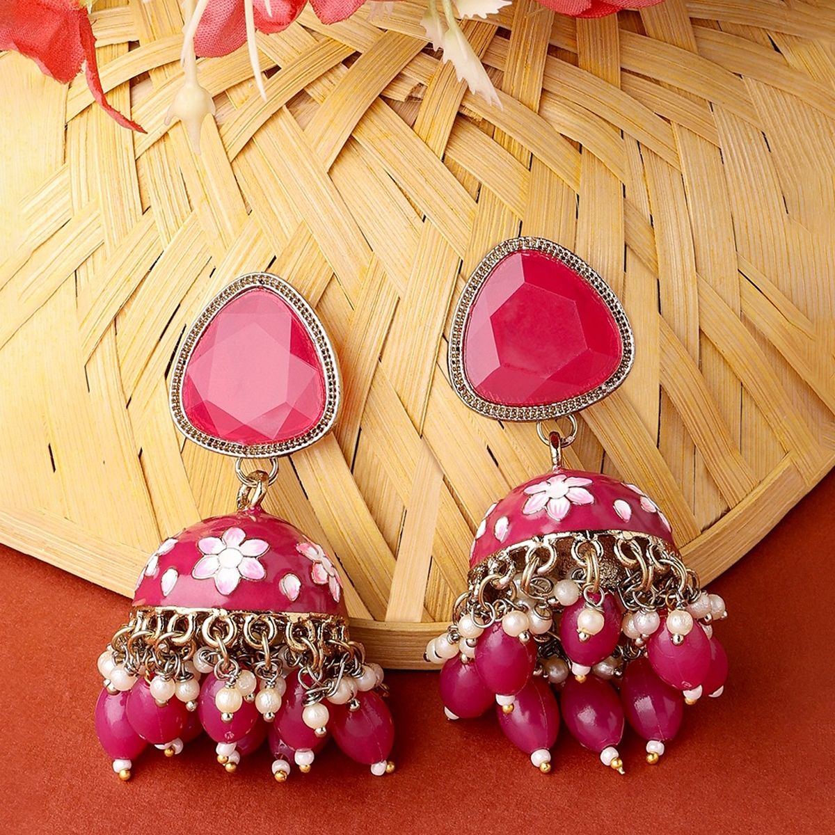 Buy Women Silver Tone Dark Pink Stone Brass Earrings  Jewellery  Indya