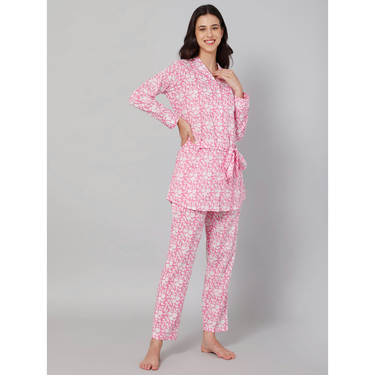 Buy Drape In Vogue Women's Pink Printed Long Shirt Night Suit Online