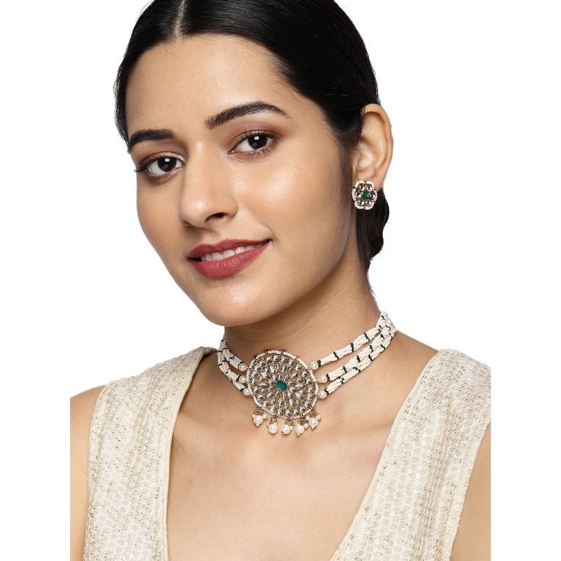 Zaveri Pearls Kundan Pearls Traditional Choker Green Beads Necklace  Earring Set ZPFK9234