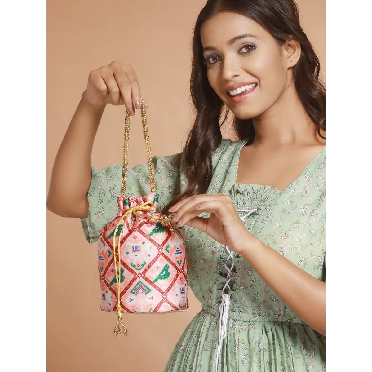 Aatmana Pink & Green Parrot Pattern Potli Bag