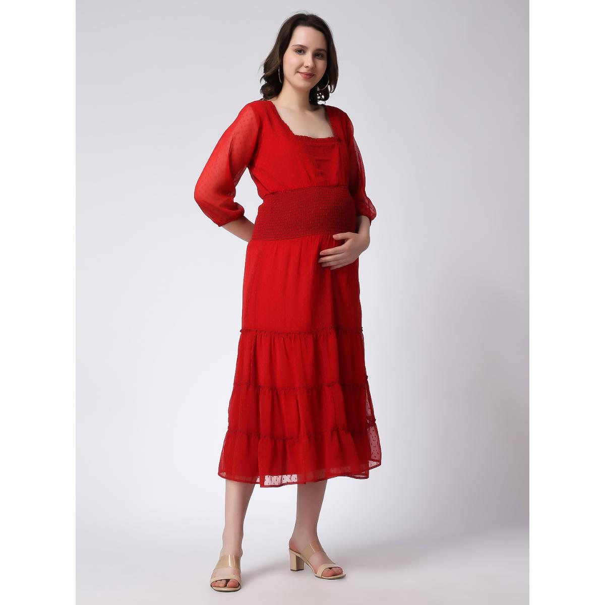 Buy Moms Maternity Womens Solid Red Butta Maxi Dress Online