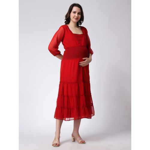 Buy Moms Maternity Womens Georgette Solid Red Butta Maxi Dress Online